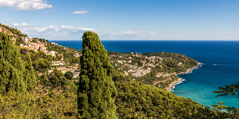 Scenic view of Roquebrune-Cap-Martin on the C�te d'Azur, France, overlooking the Mediterranean Sea.