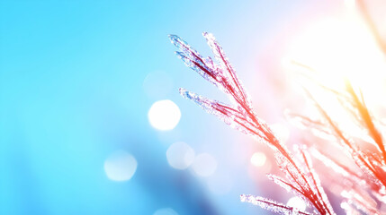 Frozen grass in winter with ice crystals on a blue background.