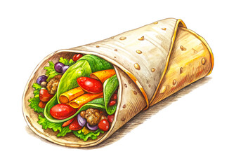 Mexican burrito meal. Hand-drawn sketch style burrito wrap with vegetables and meat pieces isolated on white background.
