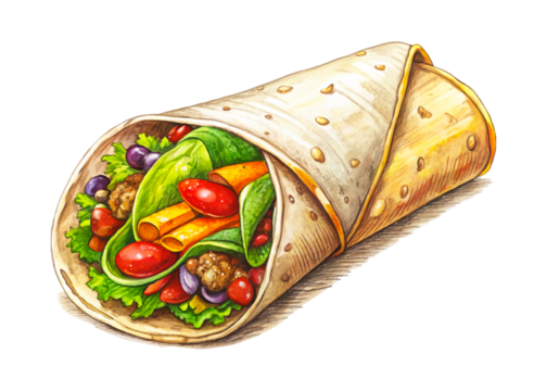 Mexican burrito meal. Hand-drawn sketch style burrito wrap with vegetables and meat pieces isolated on white background.