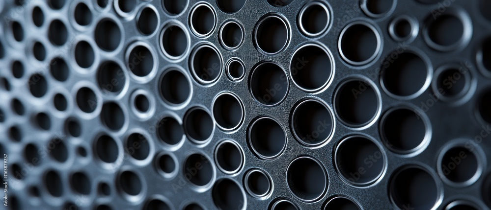 Poster abstract background of a metallic surface with many different sized holes.
