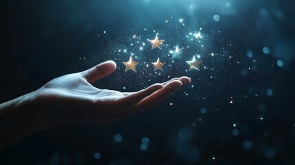 Hand gently holding glowing gold stars, dark background.