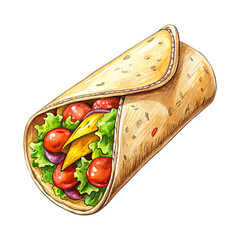 Mexican burrito meal. Hand-drawn sketch style burrito wrap with vegetables and meat pieces isolated on white background.