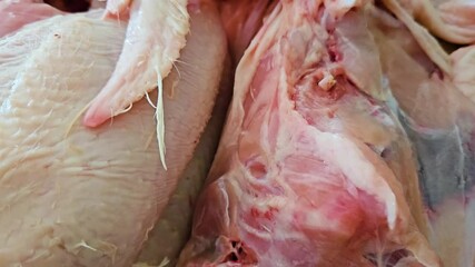 Cut Chicken Carcass Prepared for Cooking, Showcasing Detailed Processing Techniques in Clean Kitchen Environment. Butchering fresh meat before cooking. Close-up of cut poultry meat for food