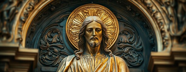 Golden Jesus Statue in Ornate Church Setting