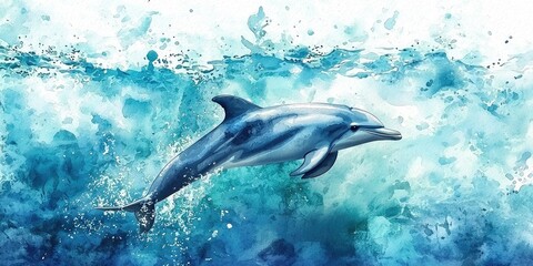 A dreamy watercolor illustration of a dolphin gliding through calm, blue ocean waters. © Chanrothana Pech
