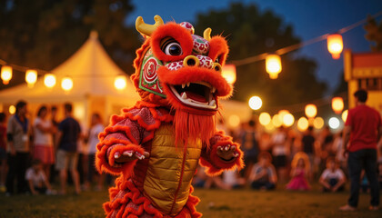 Vibrant dragon costume at nighttime festival celebration