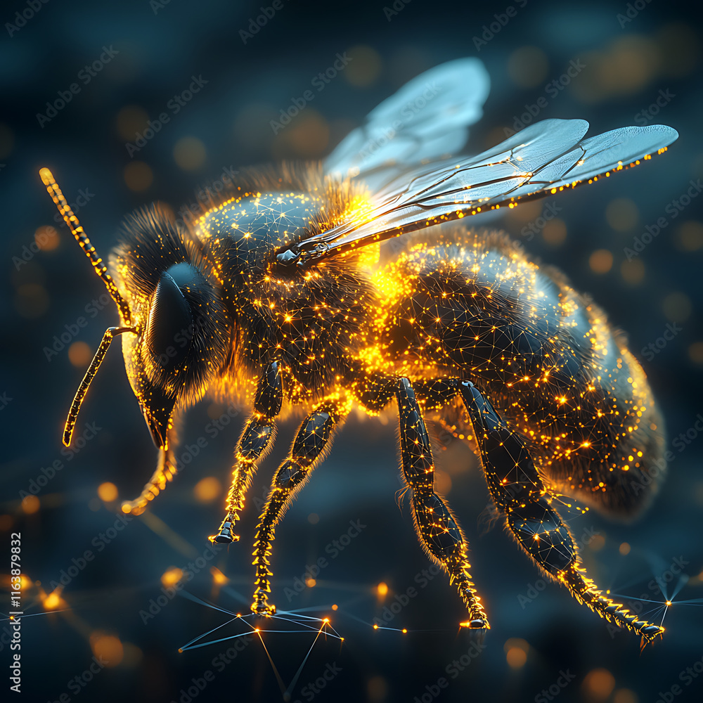Poster hyperrealistic image of glowing bee buzzing, showcasing intricate details and shimmering effect. bee