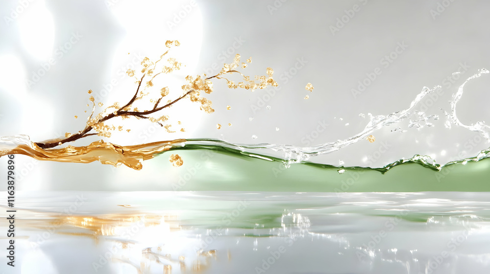 Poster golden branch emerges from splashing green wave, creating elegant, refreshing image.