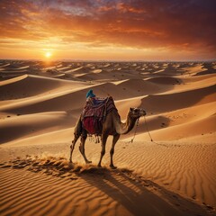 A camel caravan traveling through golden sand dunes under a fiery sunset.