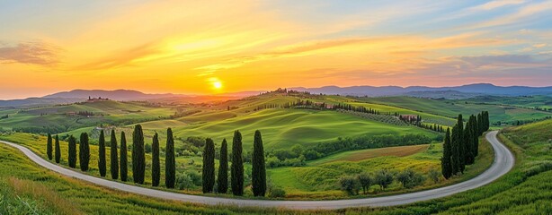 Tuscan Sunrise Rolling Hills, Cypress Trees, and Golden Hour Light