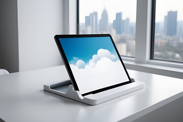 Fototapeta premium Sleek Tablet with Cityscape View