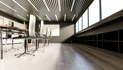 3d rendering of chairs on wooden floor in office