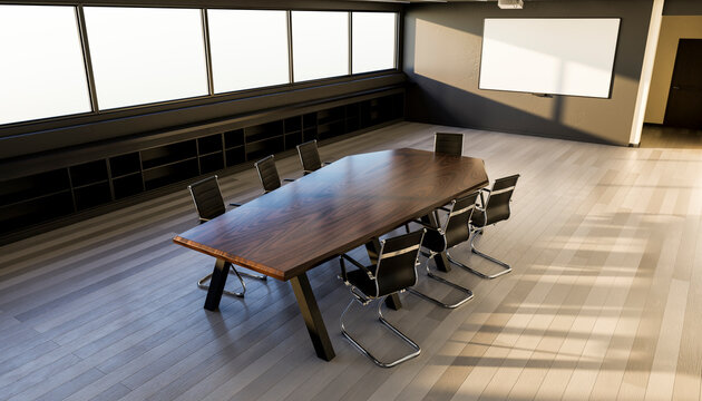 3d rendering of empty conference table with chairs at office