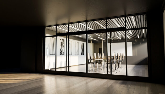 3d rendering of empty meeting room seen through glass door
