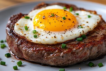 Delicious fried steak topped with sunny side up egg