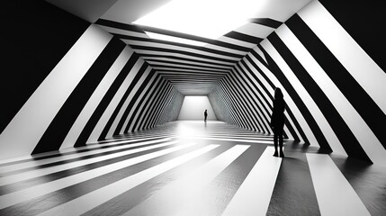 Obraz premium Black and white striped tunnel; figures stand.