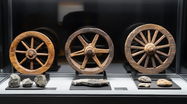 Wheels evolution from primitive stone ring, ancient wooden to modern car tire with disk. History of transport wheels. Vector set of old and new invention isolated on white background