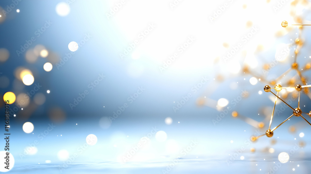 Aufkleber abstract gold molecule structure on blue background with bokeh.