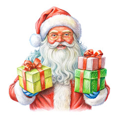Santa Claus with bag and holfing gift box isolated on white background. Christmas greeting card. Cute cartoon illustration isolated on white background