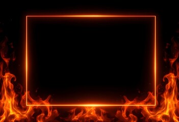 Abstract frame of flames and smoke on a black background with copy space. Rectangular border of bright fire. Banner for hot sale offer, fiery proposal. Template design for invitation, ads 