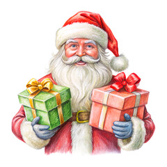 Santa Claus with bag and holfing gift box isolated on white background. Christmas greeting card. Cute cartoon illustration isolated on white background