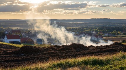 Fototapeta premium Smoke Rising Above Rural Homes Under Bright Sunlight