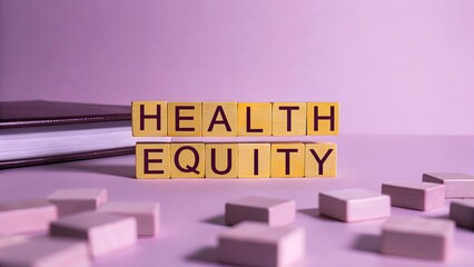 Health Equity with Pink Background Woodblock Letters Concept