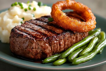 Grilled steak with onion rings, mashed potatoes, and green beans