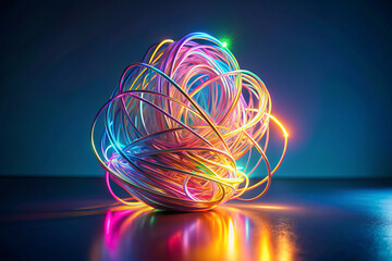 vibrant, abstract light sculpture featuring colorful glowing wires intertwined in dynamic arrangement, creating mesmerizing visual effect