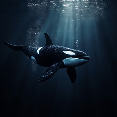 majestic orca swims gracefully towards camera in deep water, illuminated by soft rays of light filtering through surface. This captivating underwater scene showcases beauty of marine life