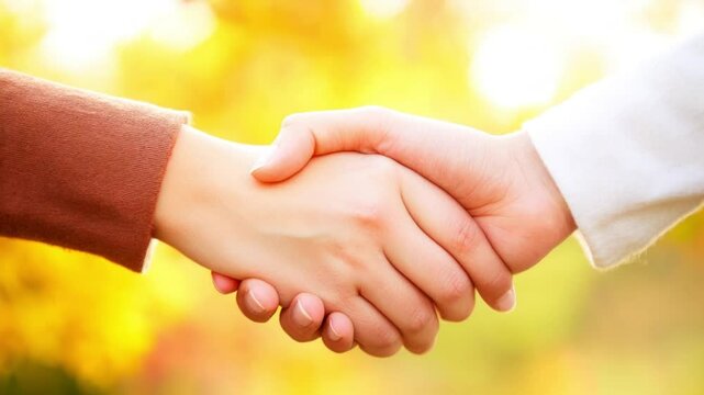 A close-up of a handshake against a warm, golden background symbolizes agreement and partnership video motion 4k, Ideal for business, collaboration, or friendship themes