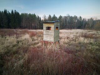 Aerial view of a High stand for hunters made of wood, used by hunters during hunting, designed for...