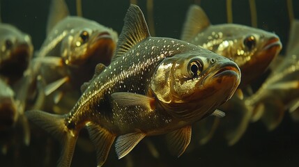 Naklejka premium Close-up of a school of dark-colored fish swimming in dark water.