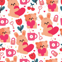 seamless pattern cute cartoon cat and bunny holding pink heart. cute animal pattern for valentine wallpaper, background
