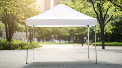 White folding promotion tent, outdoor mobile marquee for party on beach or in garden, marketing exhibition or trade. Vector realistic mockup of blank festival awning isolated on white background