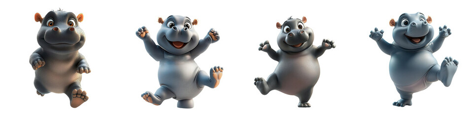 Naklejka premium Collection of four joyful cartoon little hippos dancing with glee in a playful animation, showcasing vibrant and lively charm. PNG Transparent