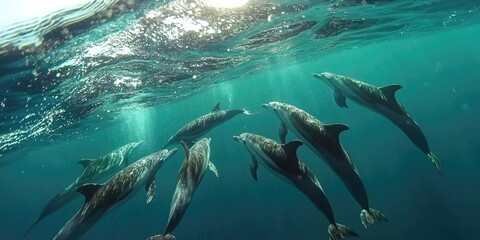 Fototapeta premium A group of common dolphins swimming together, leaping from the water in unison.