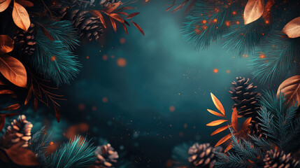 Fototapeta premium A blue background with a green and brown leafy border