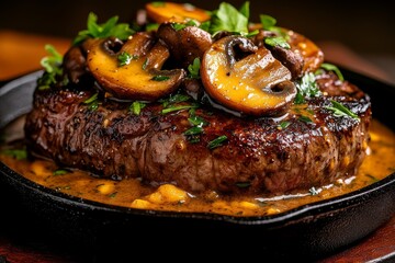 Sizzling fried steak with mushrooms and parsley in cast iron pan