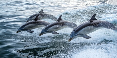 Naklejka premium A group of dolphins swimming alongside a boat, jumping and splashing in the water.