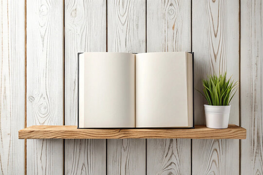 Book on a wooden shelf. On a wooden, white background.