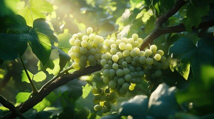 Sunlit green grapes hanging on vine.