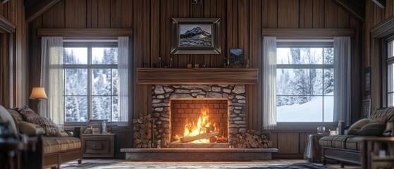Cozy cabin interior with fireplace and snowy view.