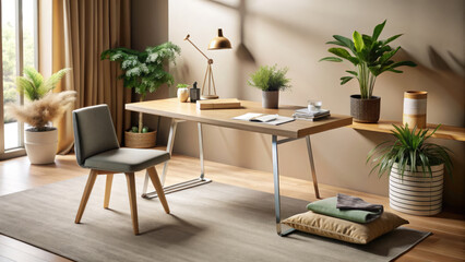serene workspace featuring artfully arranged desk setup with plants, chair, and natural light. This inviting environment promotes productivity and relaxation