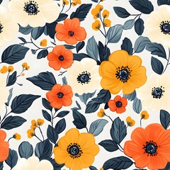 Seamless floral pattern with bold orange, yellow, and cream flowers, dark green leaves, and small yellow accents, hand-drawn in a vibrant and elegant style