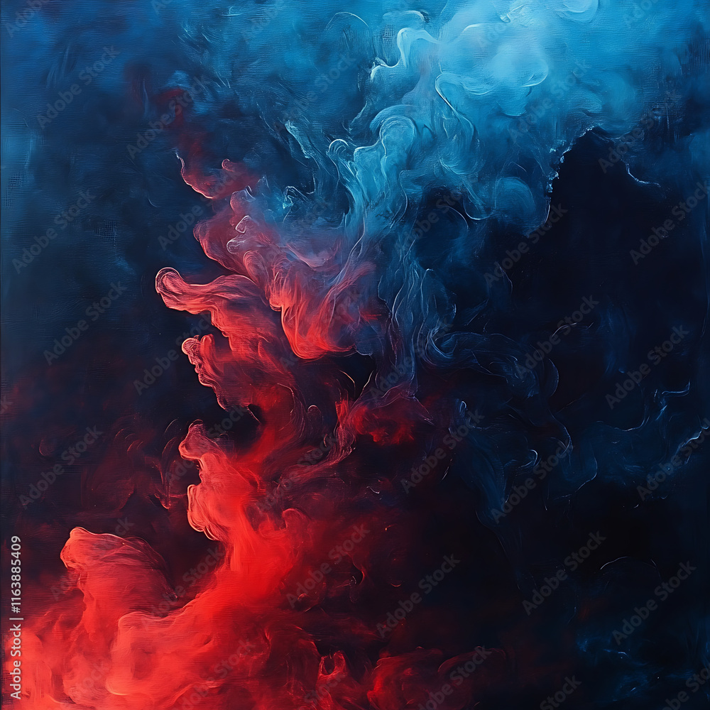 Poster captivating blend of blue and red smoke swirling together, creating abstract and dynamic visual effe