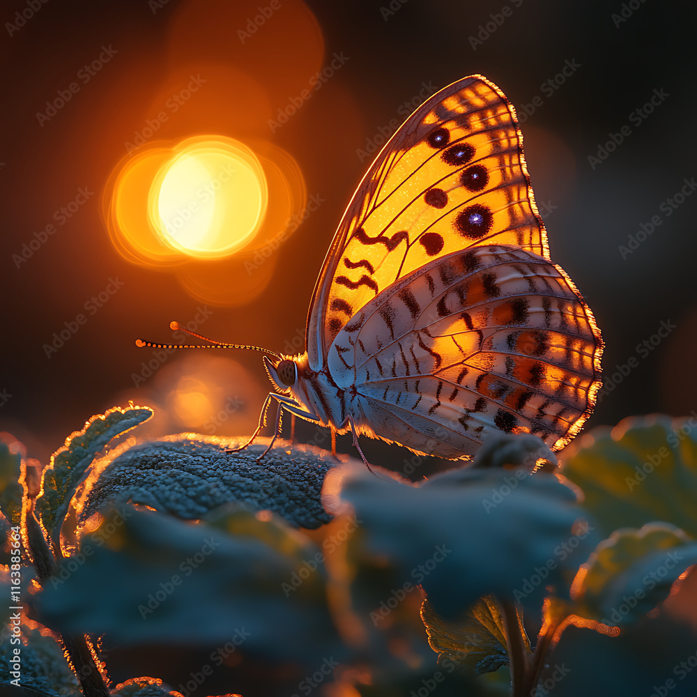 Poster peaceful ending of day features butterfly illuminated by sunset. warm glow highlights its intricate 