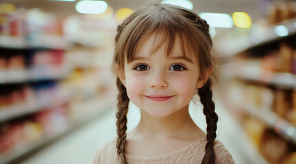 Fototapeta premium little girl 7 years old with braided pigtails, brown hair, smiling, in a supermarket
