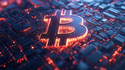 A Bitcoin logo made of glowing pixels on a dark digital grid, creating a modern, tech-inspired abstract background.
